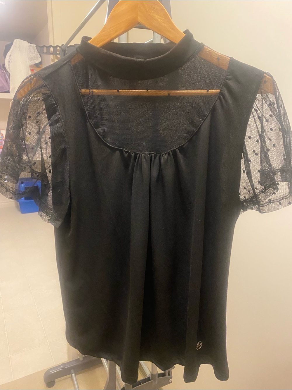 Adrienne Vittadini Black Sheer Polka Dot Sleeve Top
